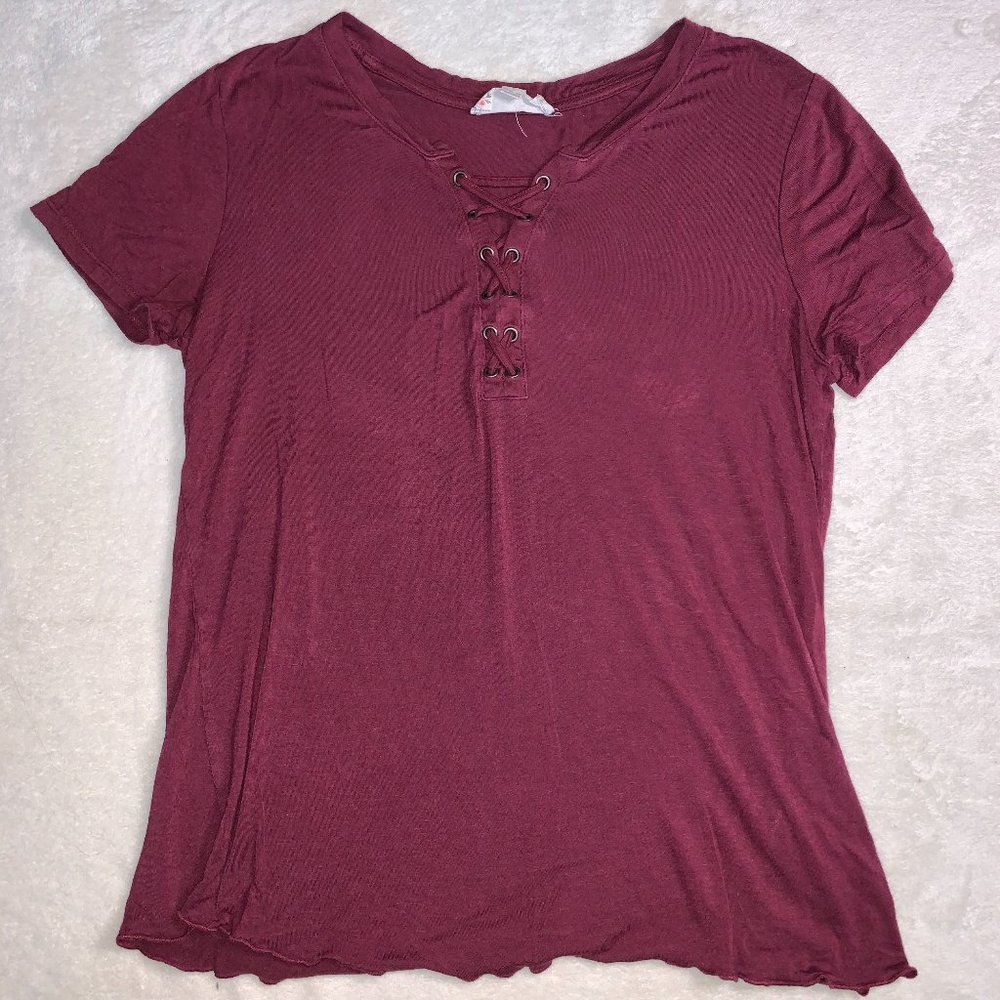 Shirt With Lettuce Hem and Crossover Neck